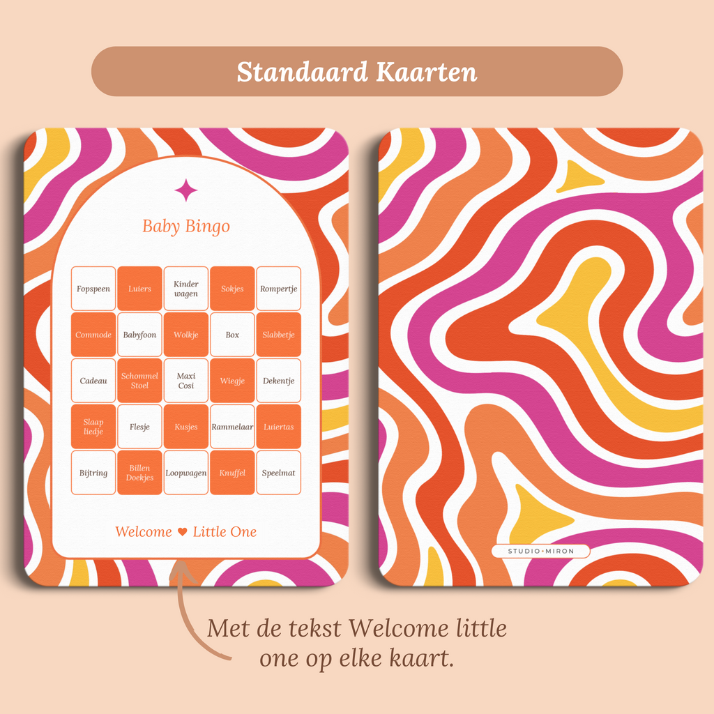 Babyshower spelkaart Baby Bingo in Flower Power stijl, standaardversie met Welcome Little One – Studio Miron
