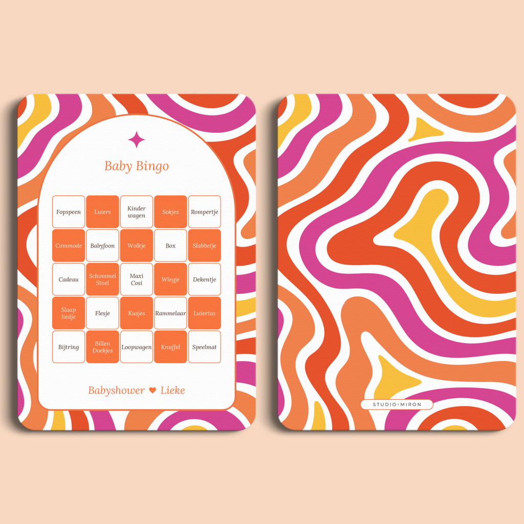 Babyshower spelkaart Baby Bingo in Flower Power stijl, voor- en achterkant – Studio Miron