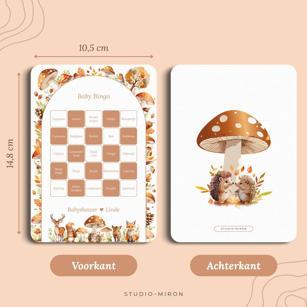 Babyshower spelletjes baby bingo formaat voorkant en achterkant bosdieren Studio Miron