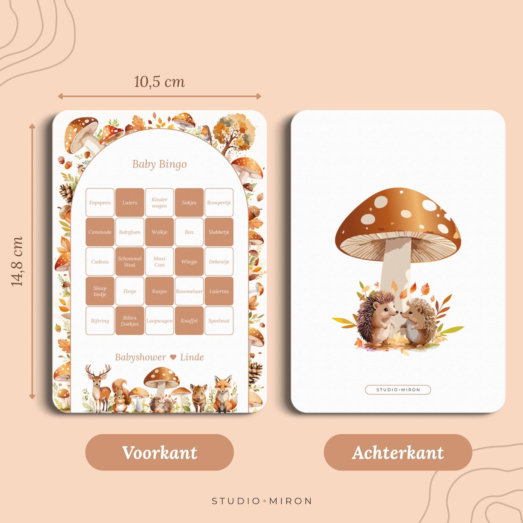 Babyshower spelletjes baby bingo formaat voorkant en achterkant bosdieren Studio Miron