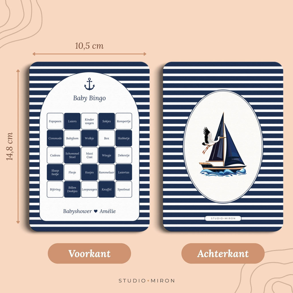 Babyshower spelletjes baby bingo formaat voorkant en achterkant navy blue Studio Miron