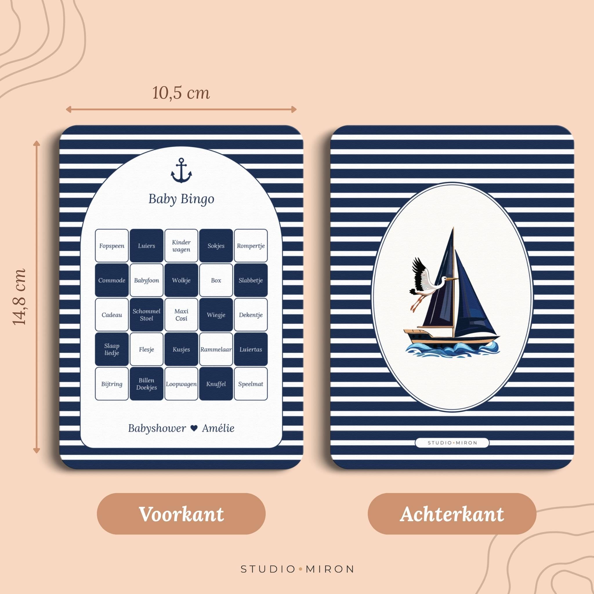 Babyshower spelletjes baby bingo formaat voorkant en achterkant navy blue Studio Miron