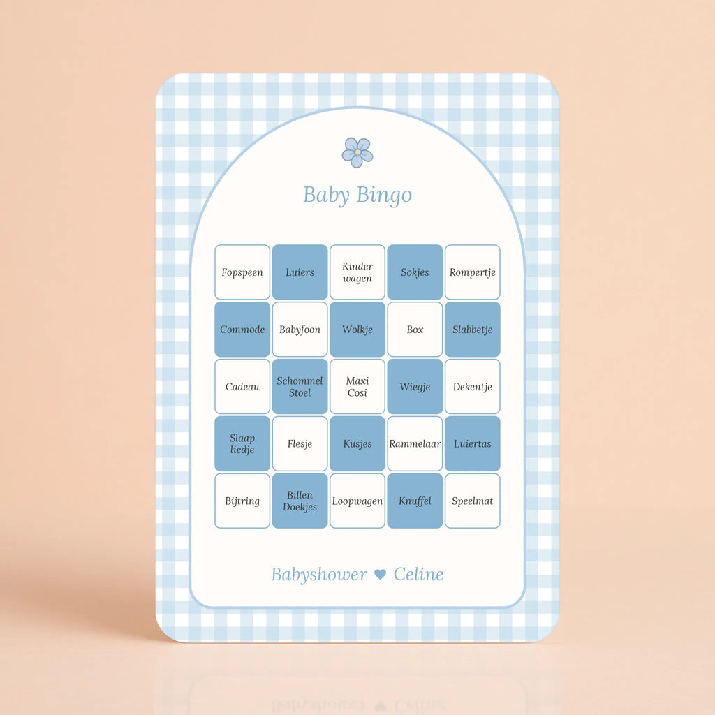 Babyshower spelletjes baby bingo gingham blauw gepersonaliseerd Studio Miron