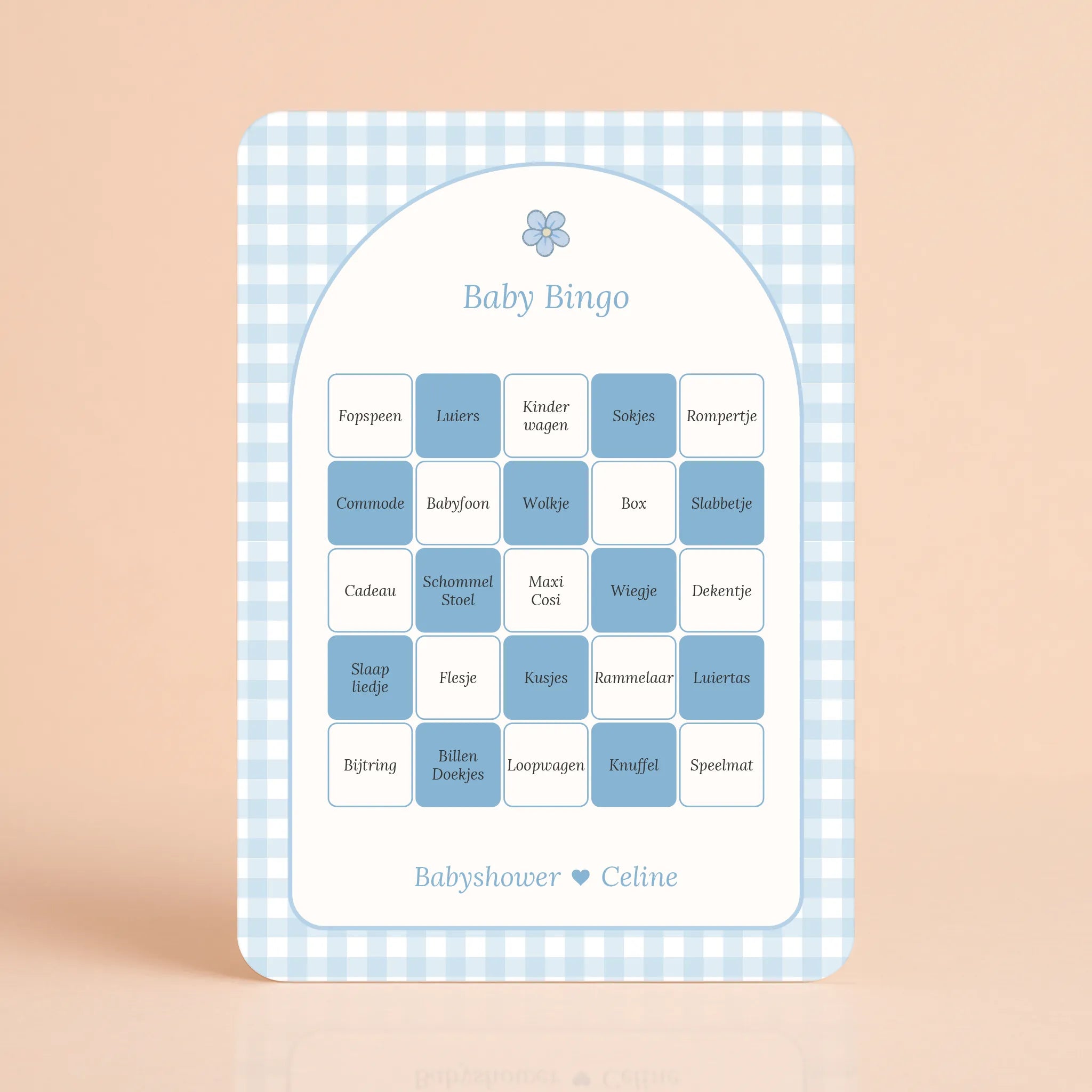 Babyshower spelletjes baby bingo gingham blauw gepersonaliseerd Studio Miron