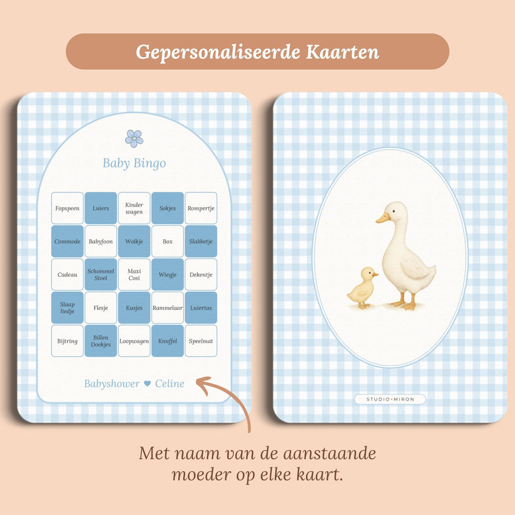 Babyshower spelletjes baby bingo gingham blauw gepersonaliseerd voor en achter Studio Miron