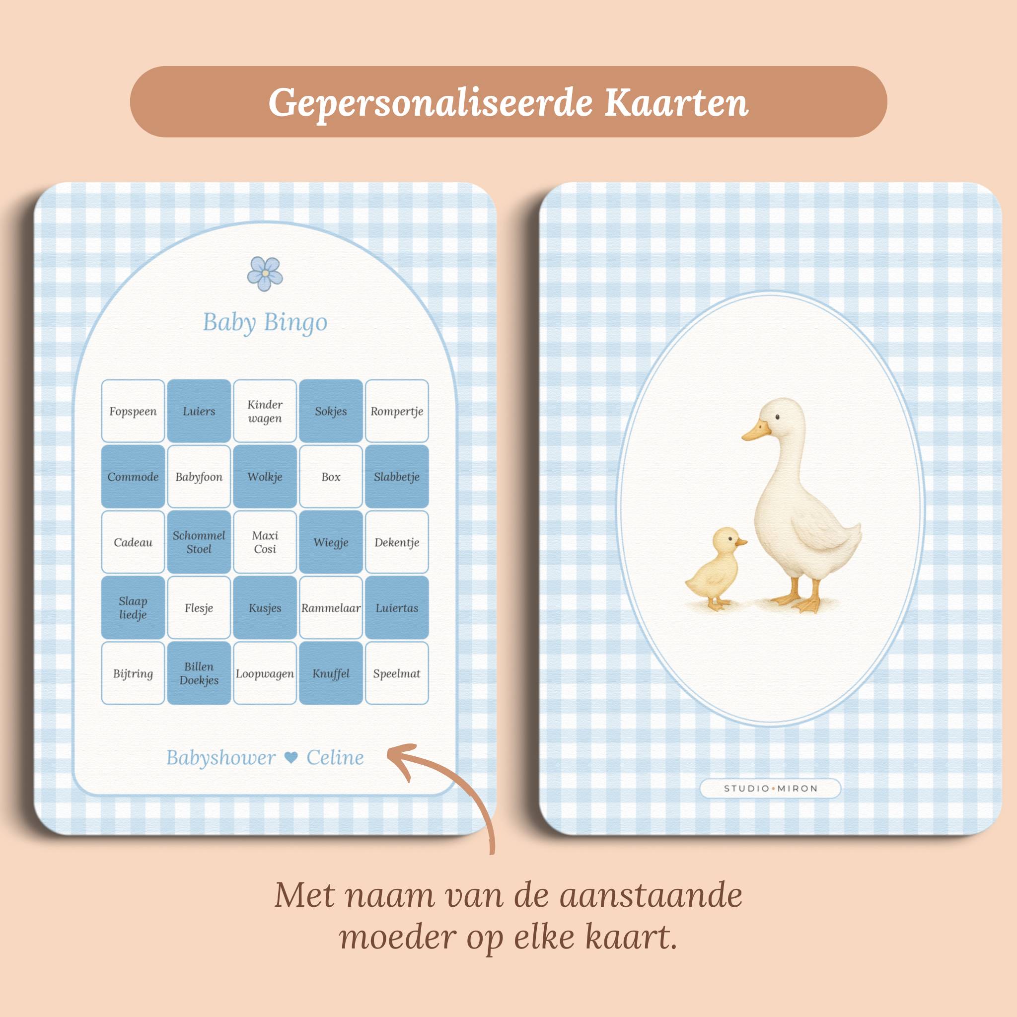 Babyshower spelletjes baby bingo gingham blauw gepersonaliseerd voor en achter Studio Miron