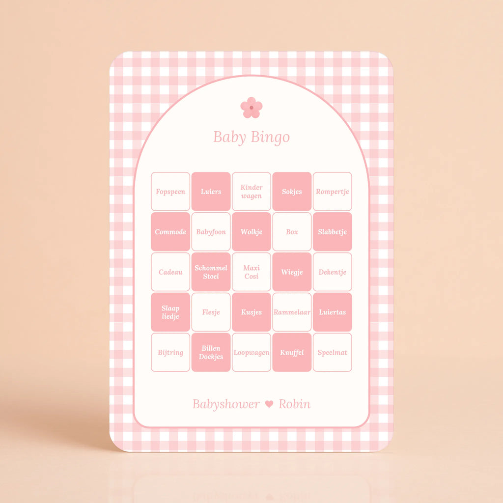 Babyshower spelletjes baby bingo gingham roze gepersonaliseerd Studio Miron