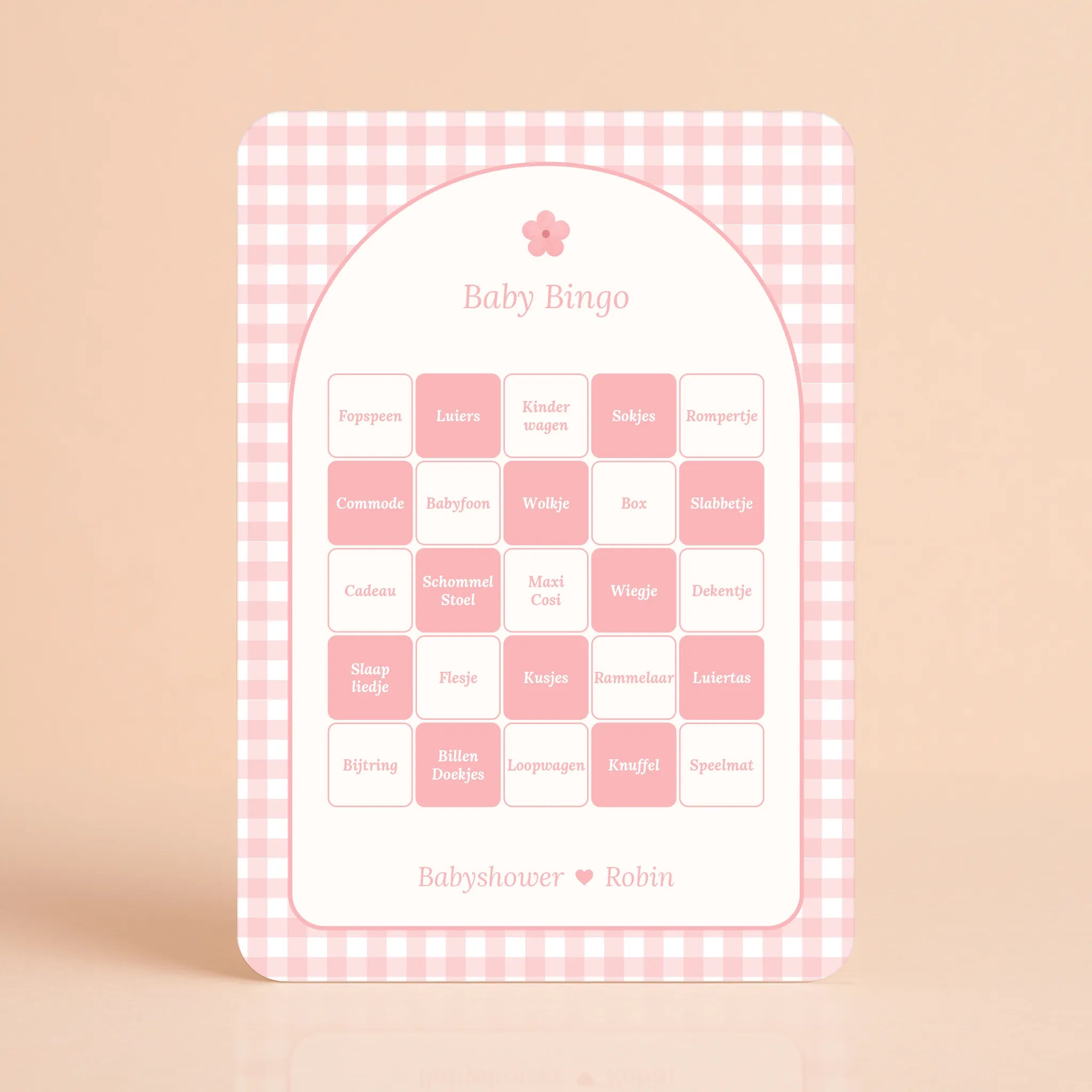 Babyshower spelletjes baby bingo gingham roze gepersonaliseerd Studio Miron