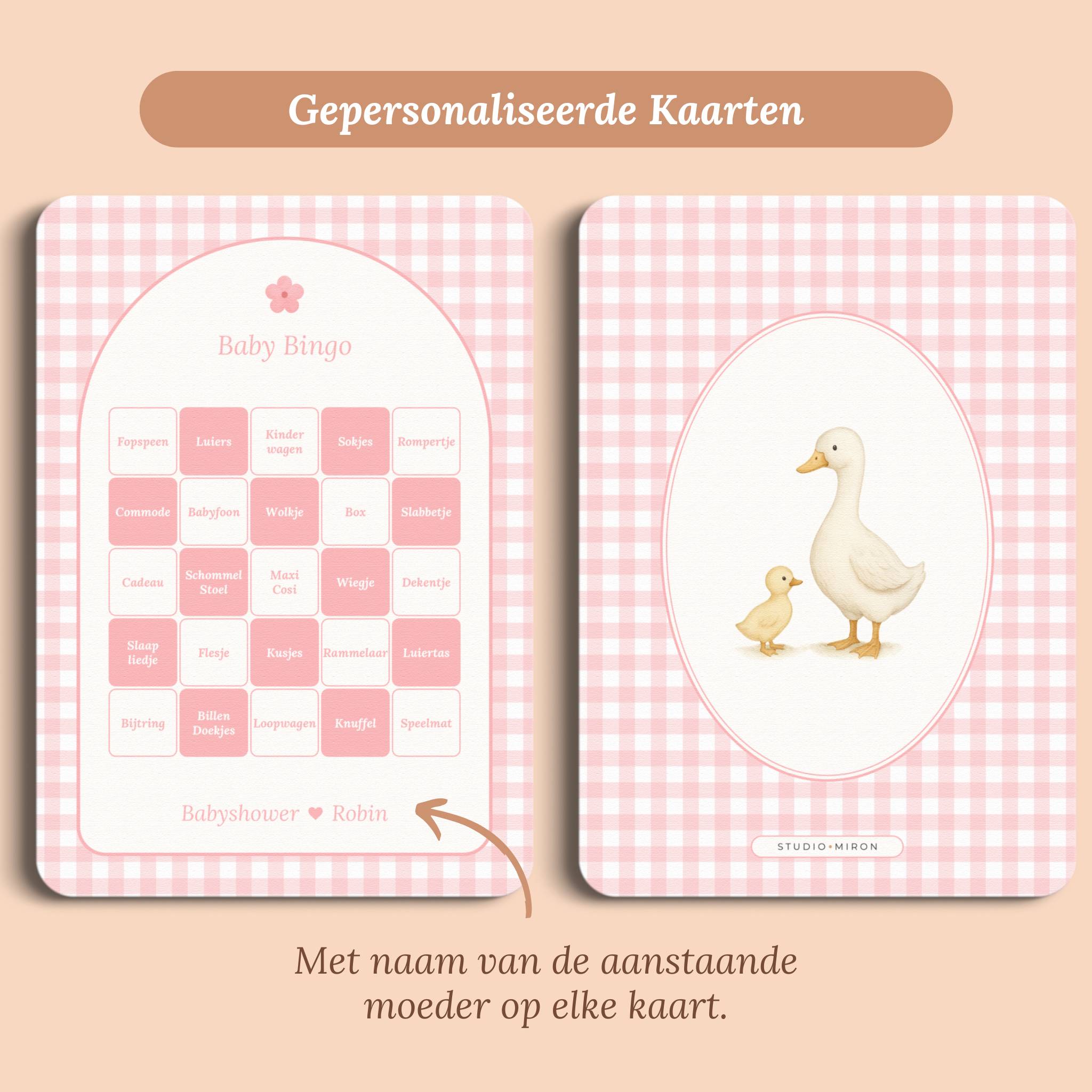 Babyshower spelletjes baby bingo gingham roze gepersonaliseerd voor en achter Studio Miron