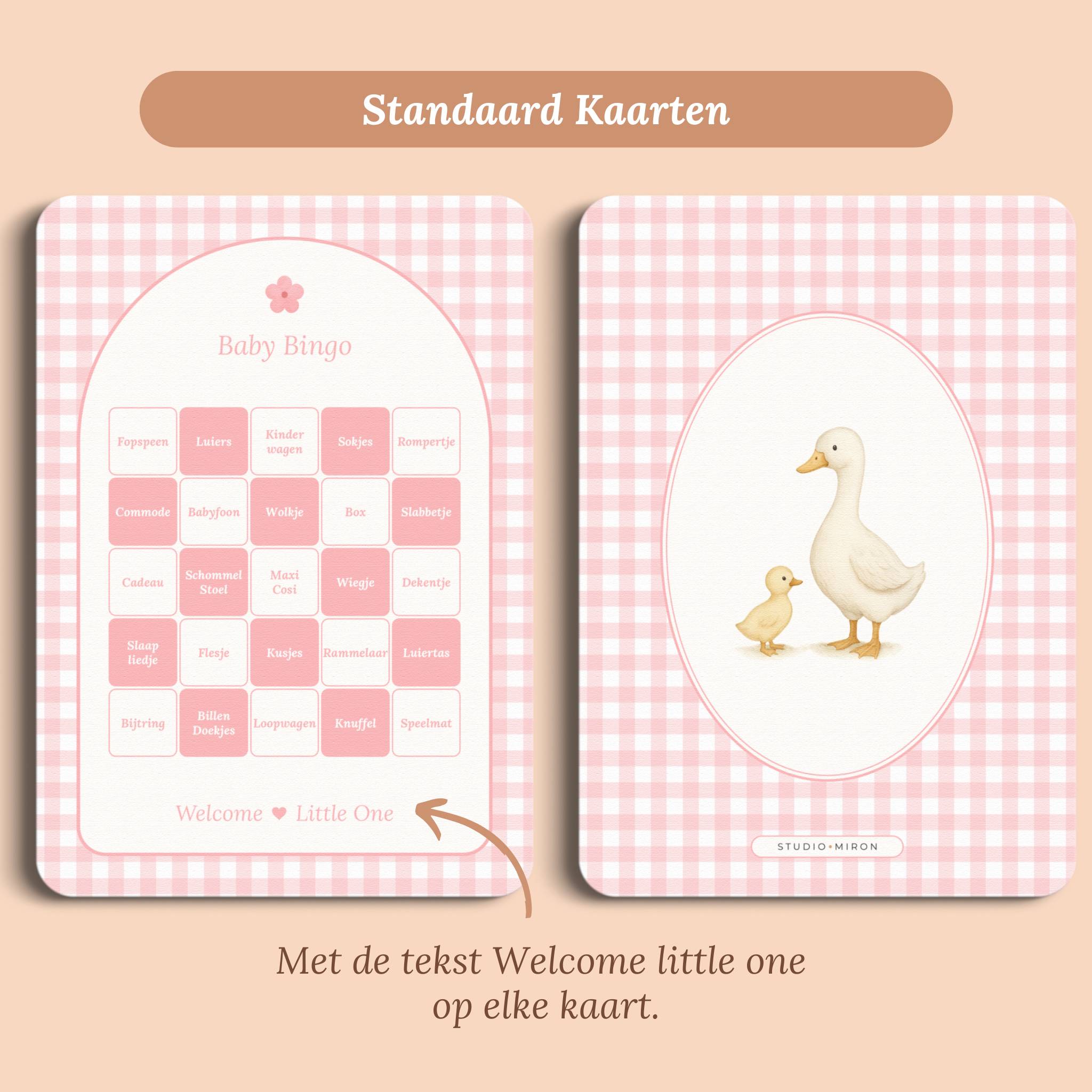 Babyshower spelletjes baby bingo gingham roze standaard voor en achter Studio Miron