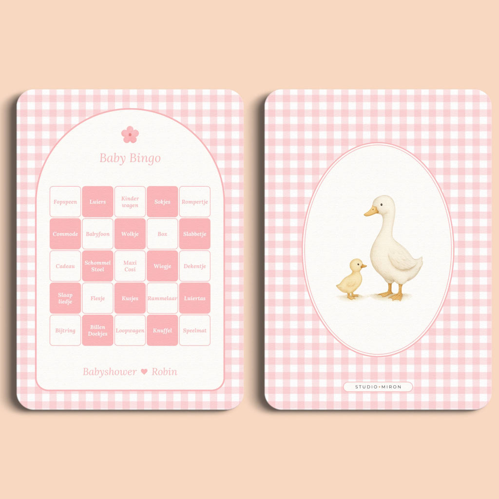 Babyshower spelletjes baby bingo gingham roze voor en achter Studio Miron
