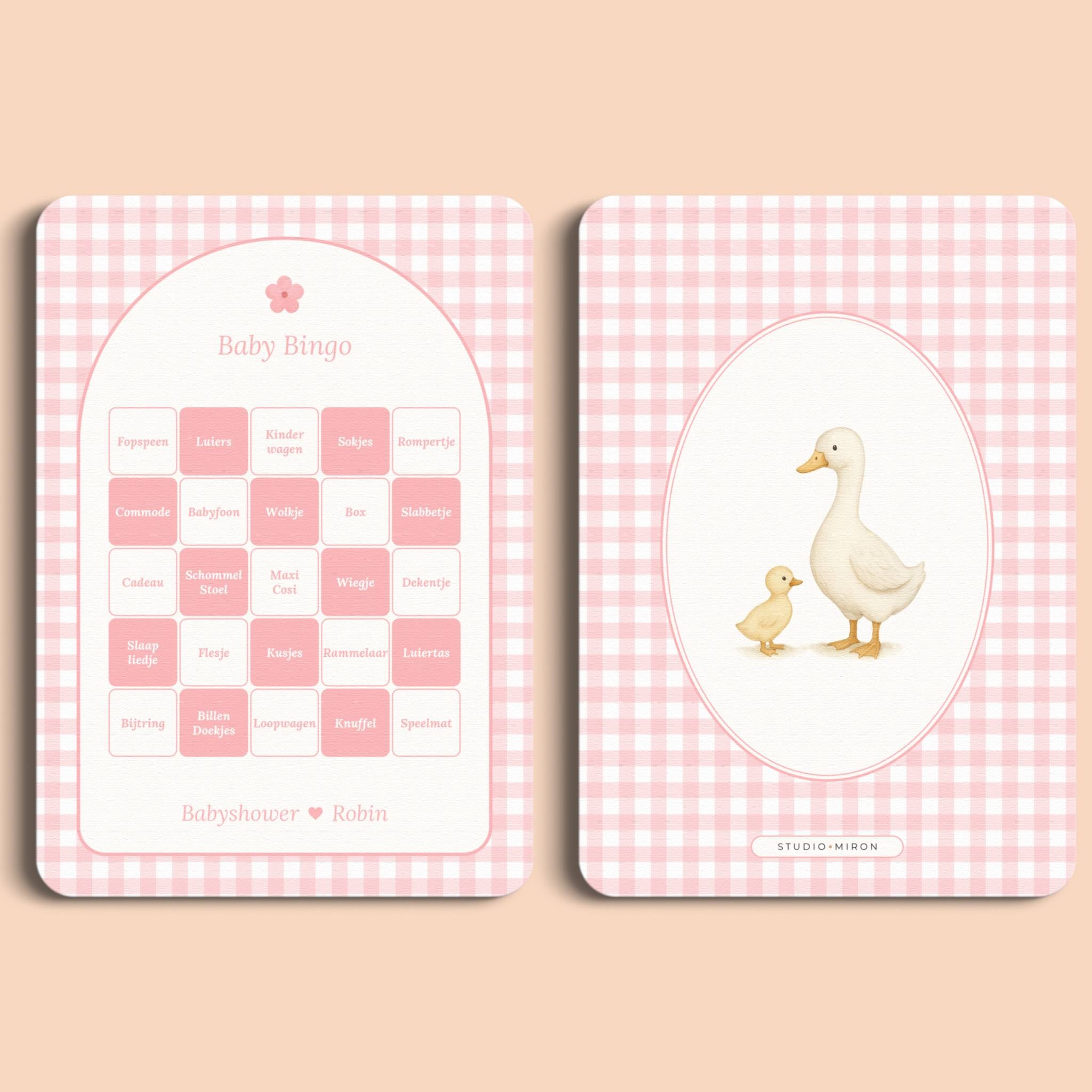 Babyshower spelletjes baby bingo gingham roze voor en achter Studio Miron
