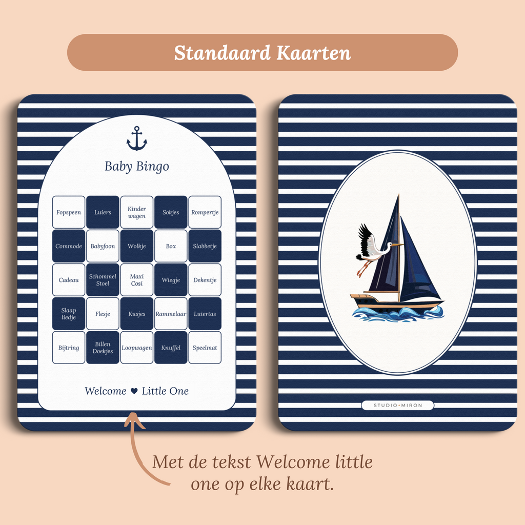 Babyshower spelkaart Baby Bingo in Navy Blue stijl, standaardversie met Welcome Little One – Studio Miron