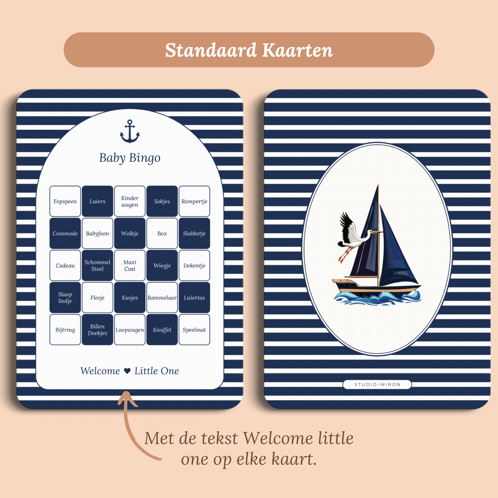 Babyshower spelkaart Baby Bingo in Navy Blue stijl, standaardversie met Welcome Little One – Studio Miron