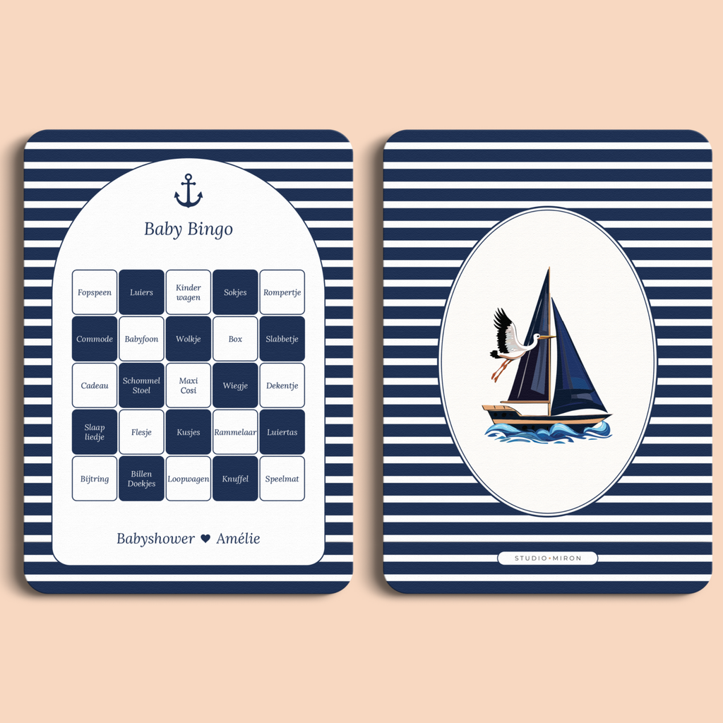 Babyshower spelkaart Baby Bingo in Navy Blue stijl, voor- en achterkant – Studio Miron