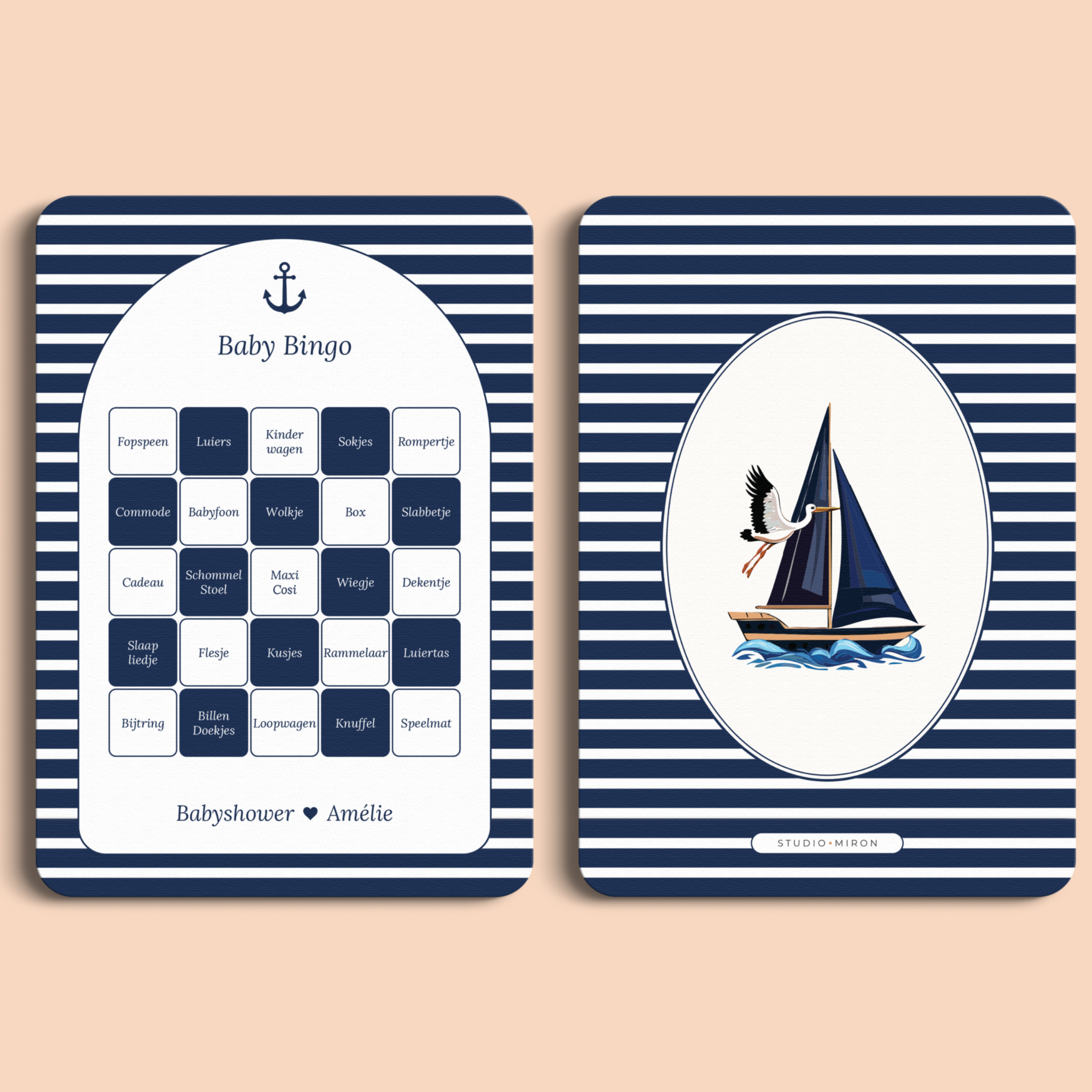 Babyshower spelkaart Baby Bingo in Navy Blue stijl, voor- en achterkant – Studio Miron