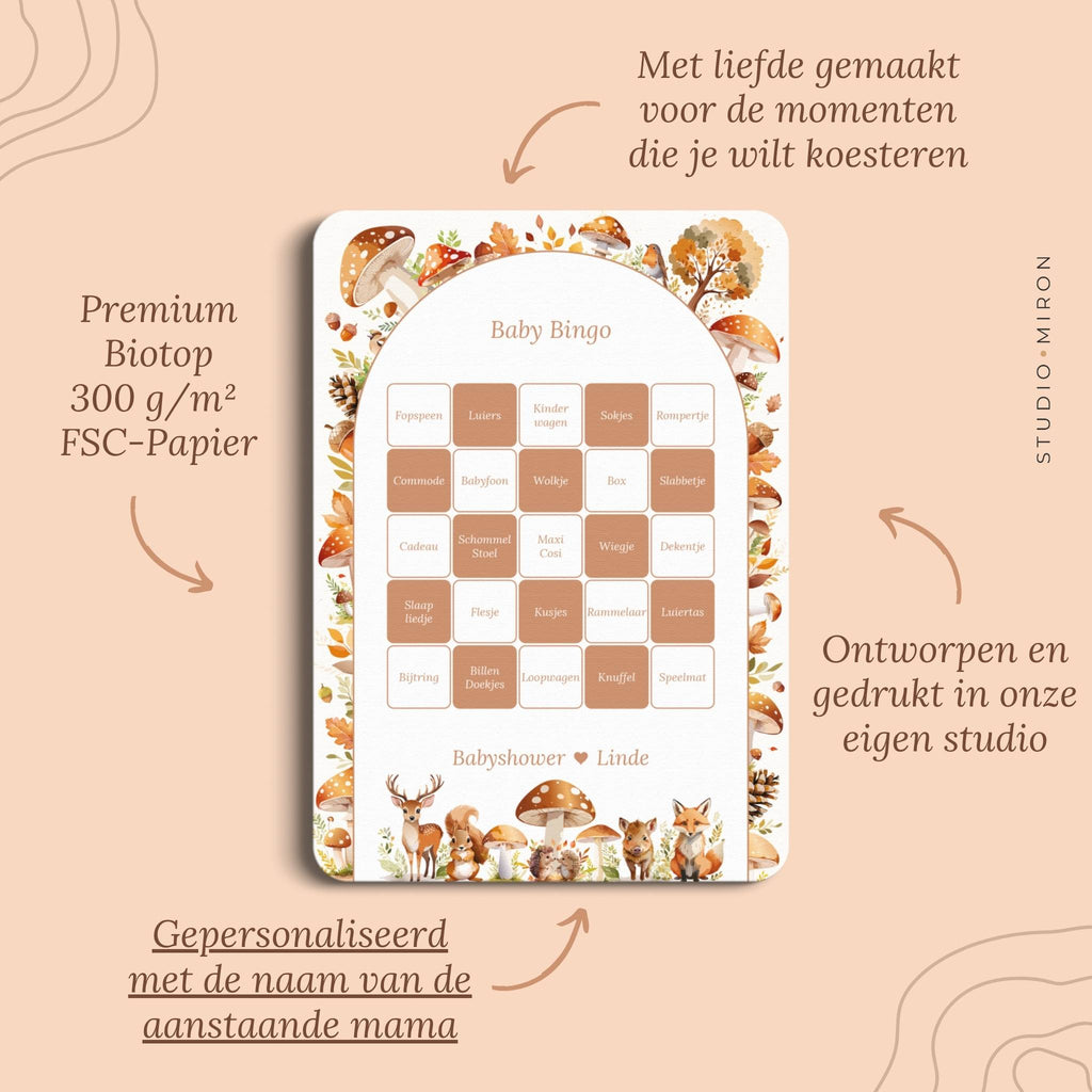 Babyshower spelletjes baby bingo pluspunten bosdieren Studio Miron