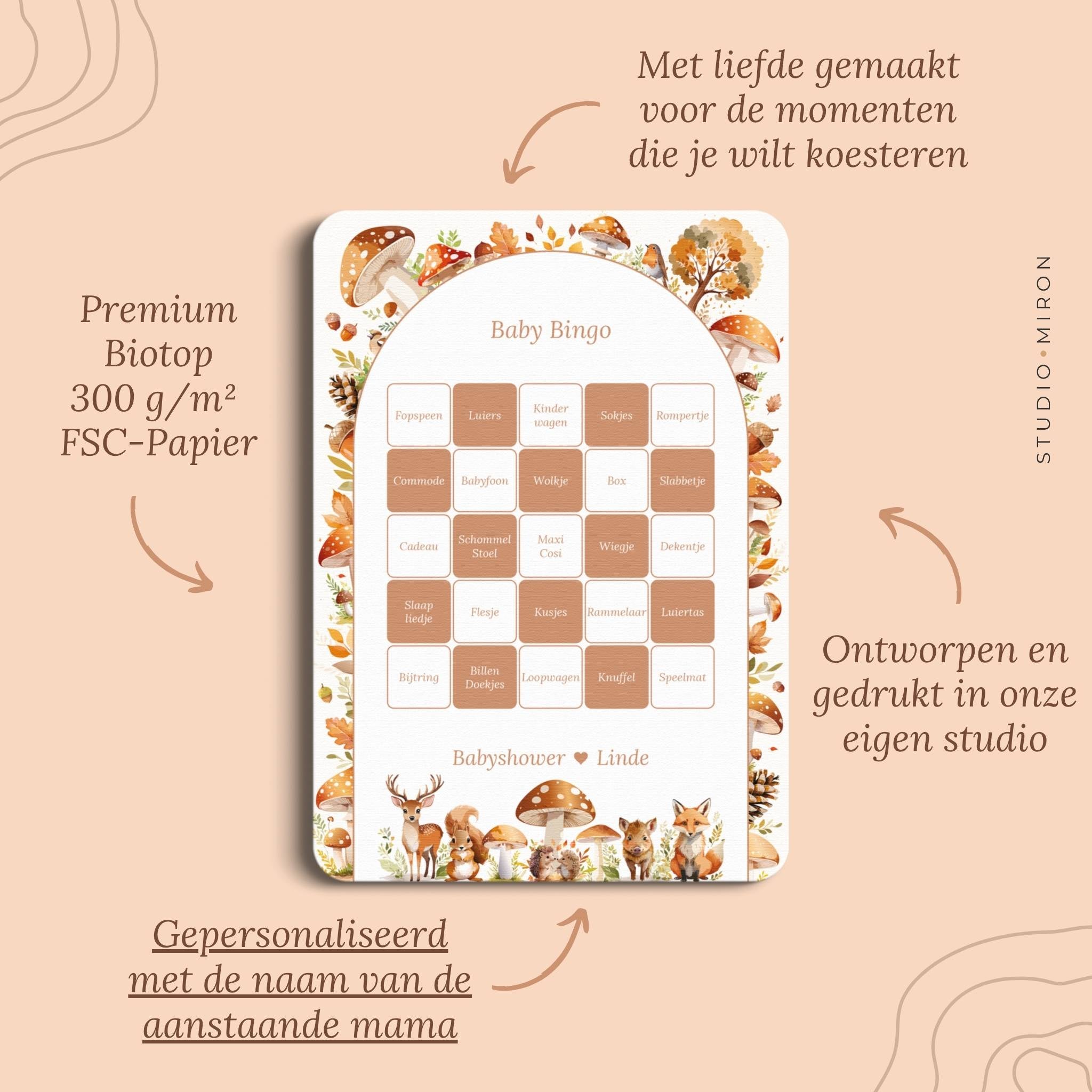 Babyshower spelletjes baby bingo pluspunten bosdieren Studio Miron