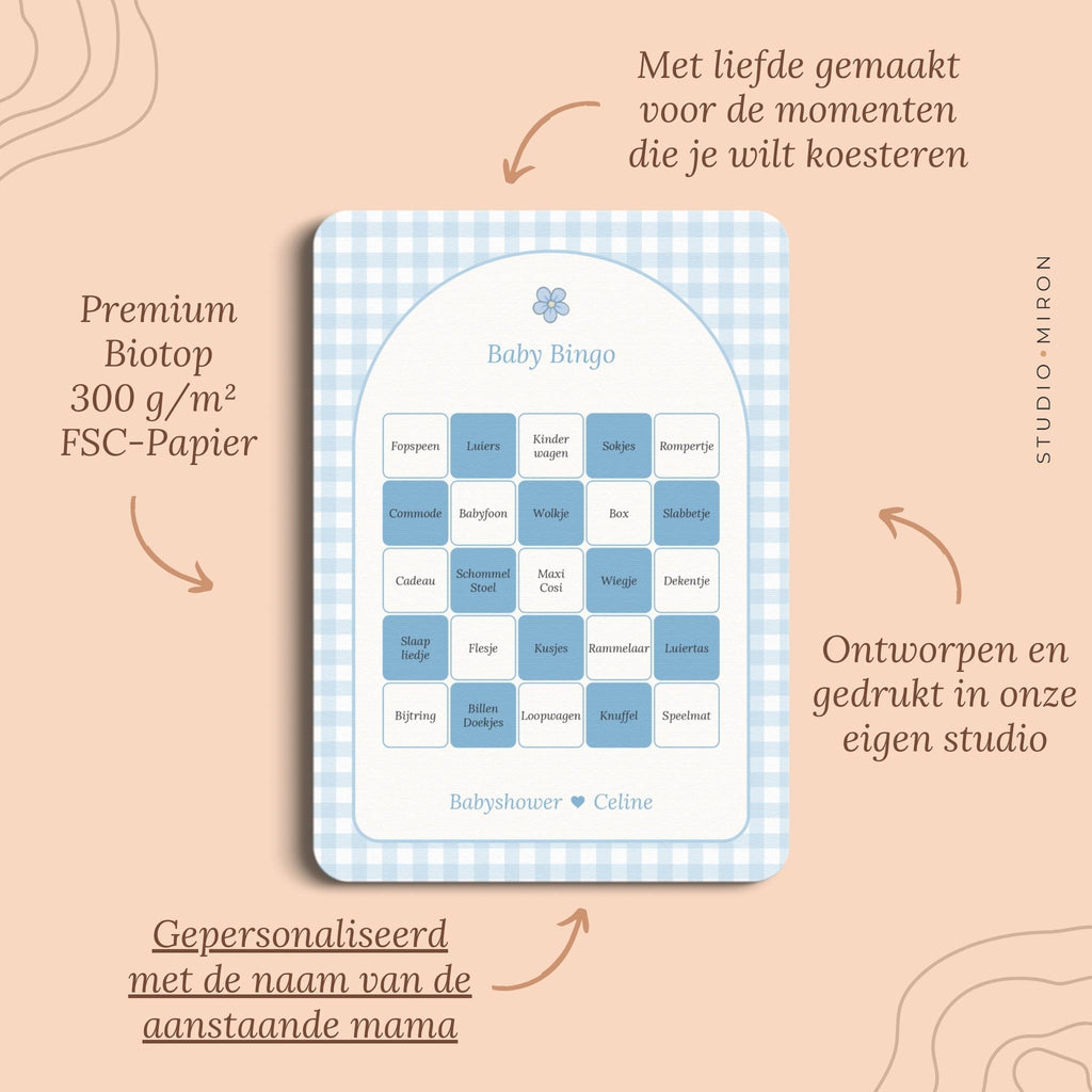 Babyshower spelletjes baby bingo pluspunten gingham blauw Studio Miron