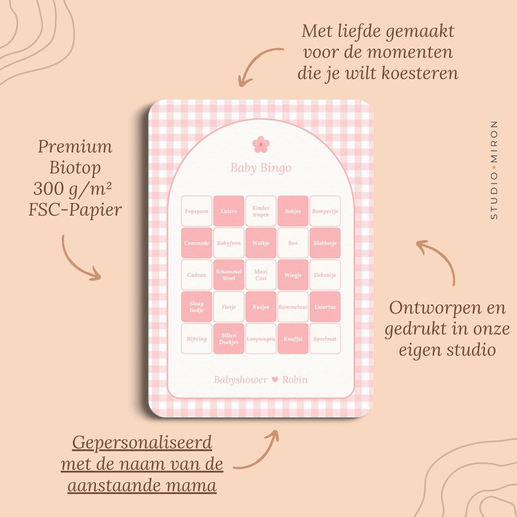 Babyshower spelletjes baby bingo pluspunten gingham roze Studio Miron