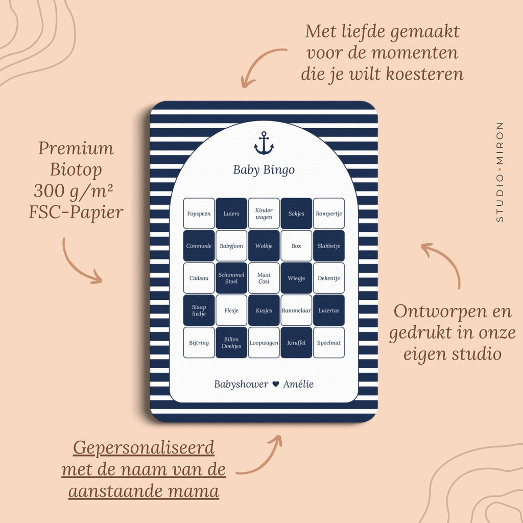 Babyshower spelletjes baby bingo pluspunten navy blue Studio Miron