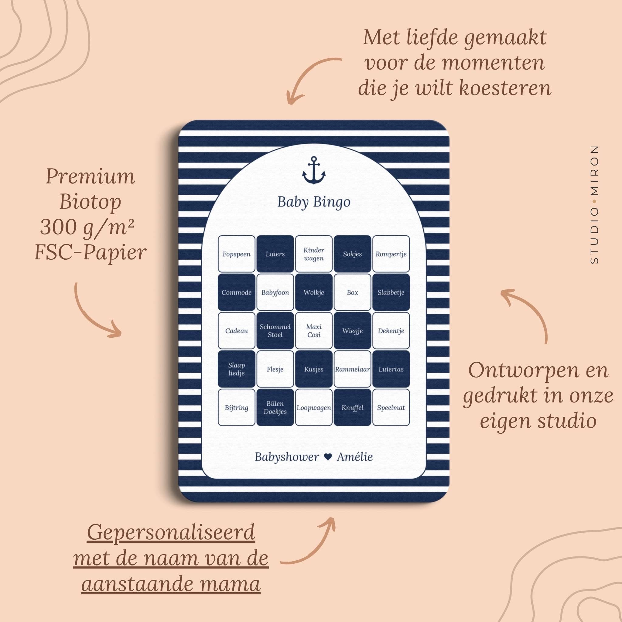 Babyshower spelletjes baby bingo pluspunten navy blue Studio Miron