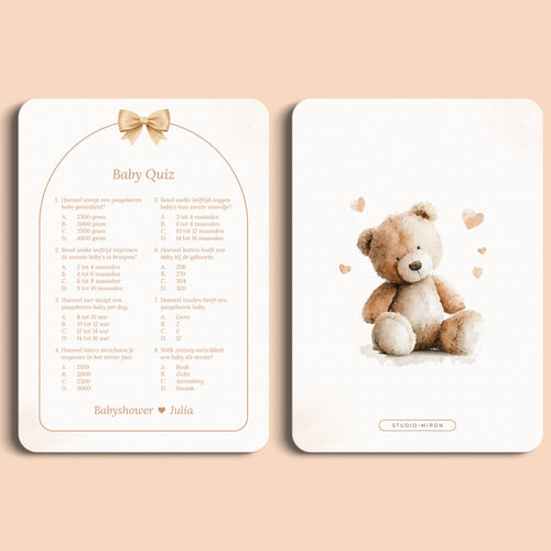 Babyshower spelletjes baby quiz boho beige beertje voor en achter Studio Miron