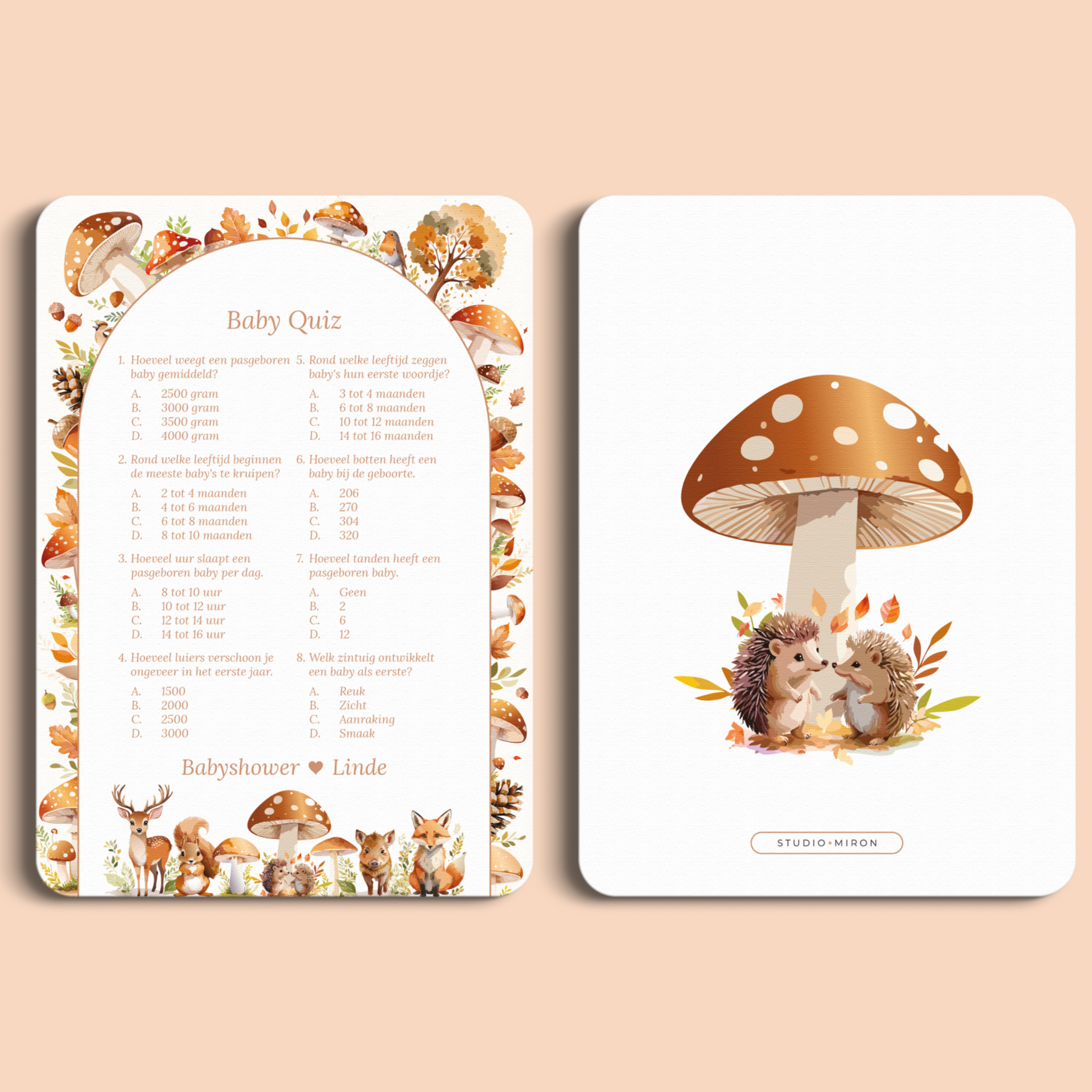 Babyshower spelkaart Baby Quiz in Bosdieren stijl, voor- en achterkant – Studio Miron
