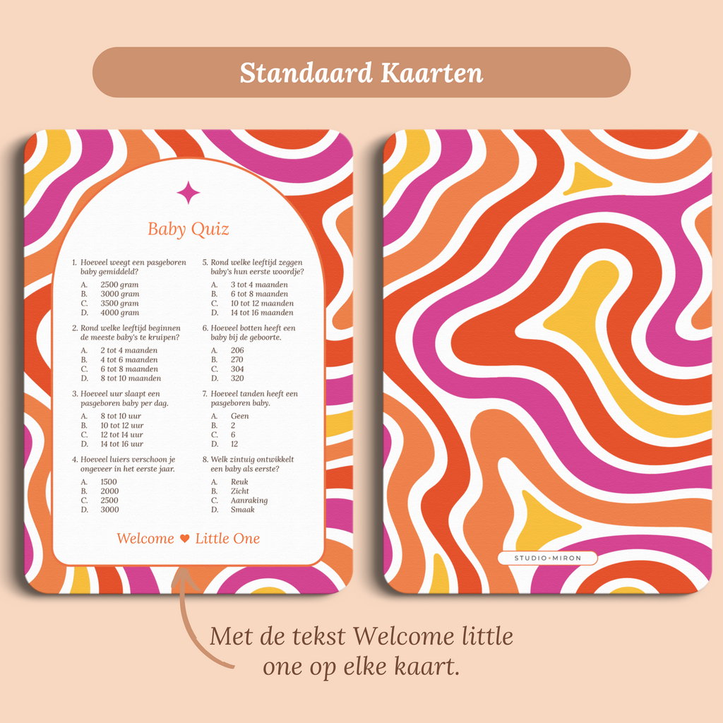 Babyshower spelkaart Baby Quiz in Flower Power stijl, standaardversie met Welcome Little One – Studio Miron