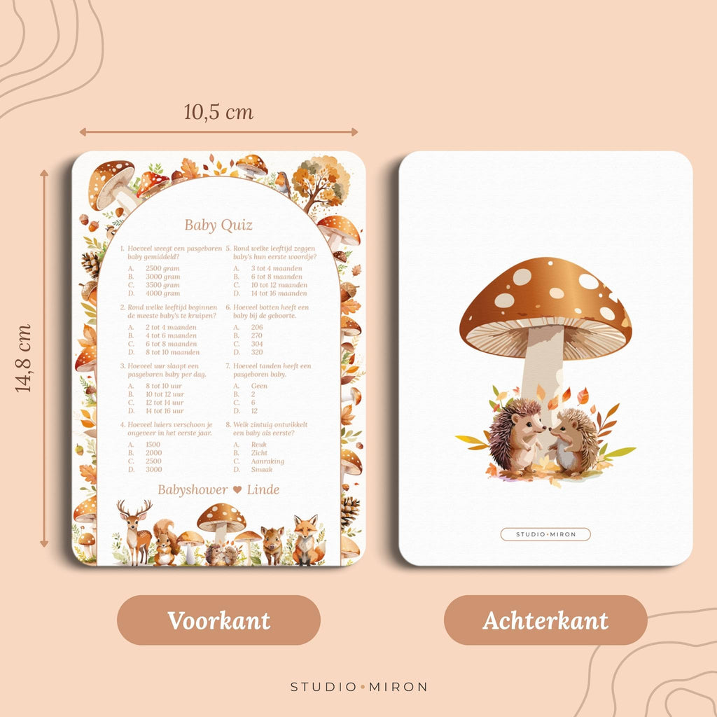 Babyshower spelletjes baby quiz formaat voorkant en achterkant bosdieren Studio Miron