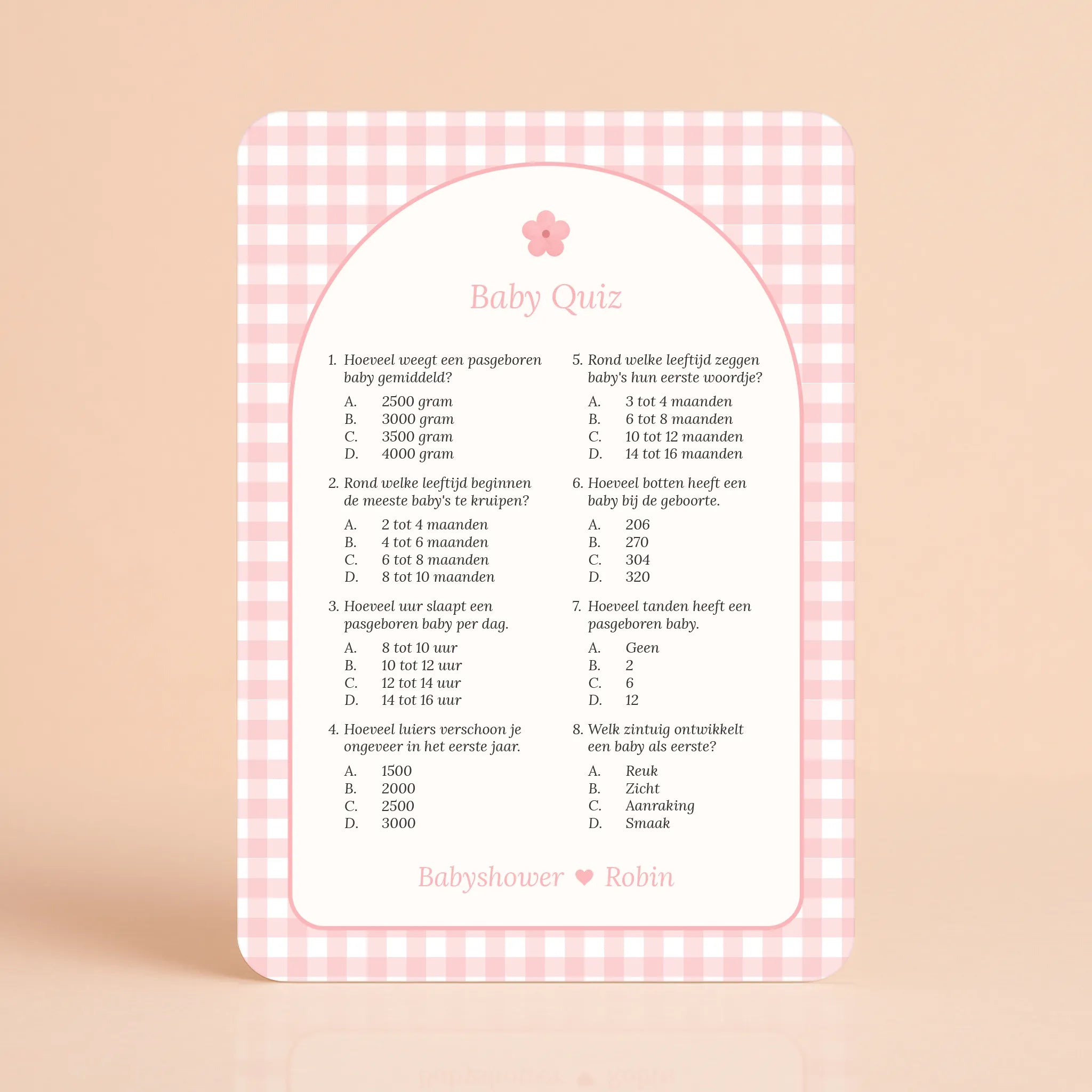 Babyshower spelletjes baby quiz gingham roze gepersonaliseerd Studio Miron