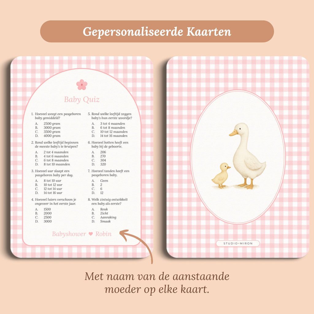 Babyshower spelletjes baby quiz gingham roze gepersonaliseerd voor en achter Studio Miron
