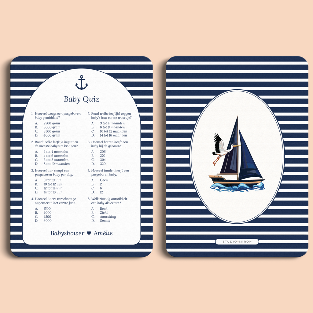 Babyshower spelkaart Baby Quiz in Navy Blue stijl, voor- en achterkant – Studio Miron