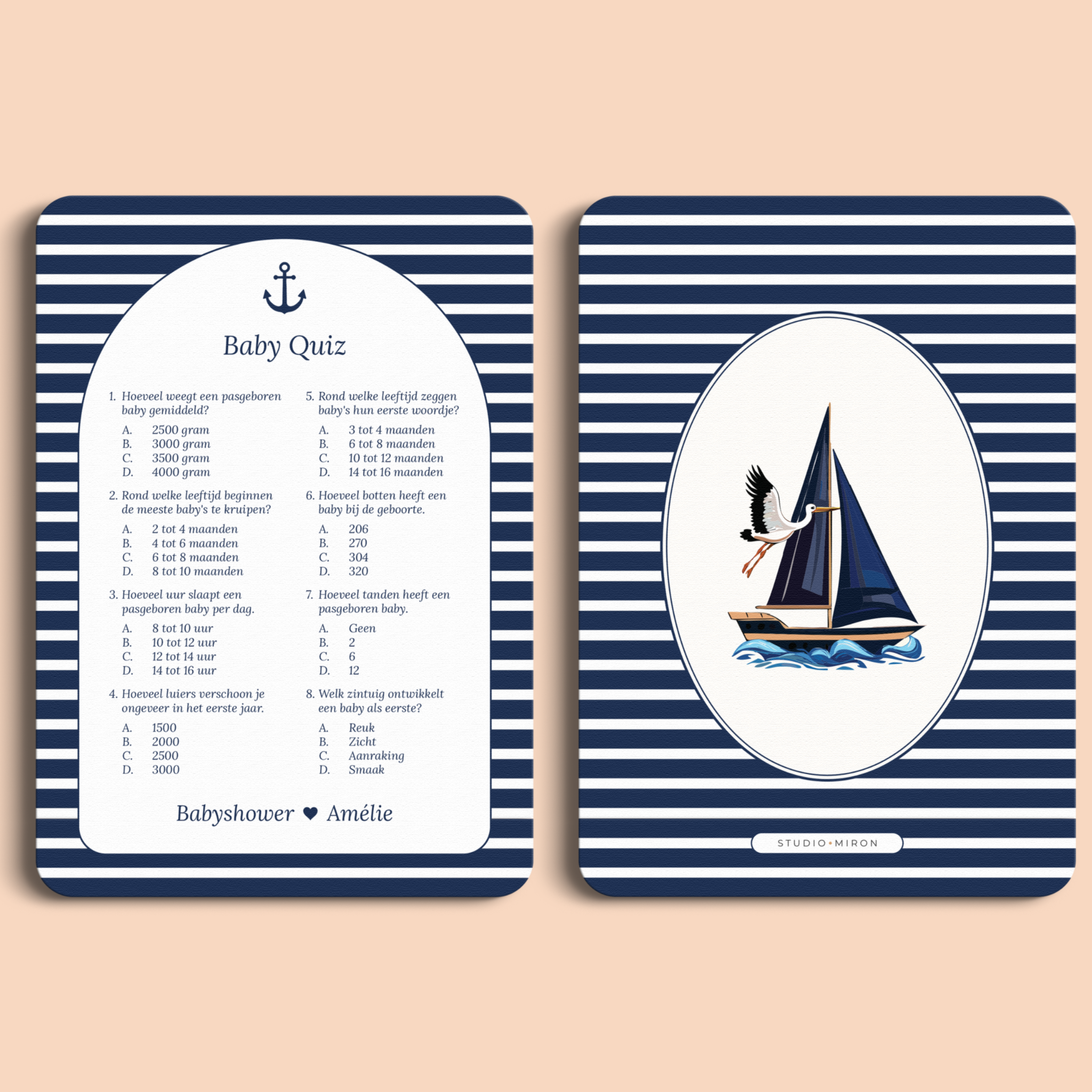 Babyshower spelkaart Baby Quiz in Navy Blue stijl, voor- en achterkant – Studio Miron