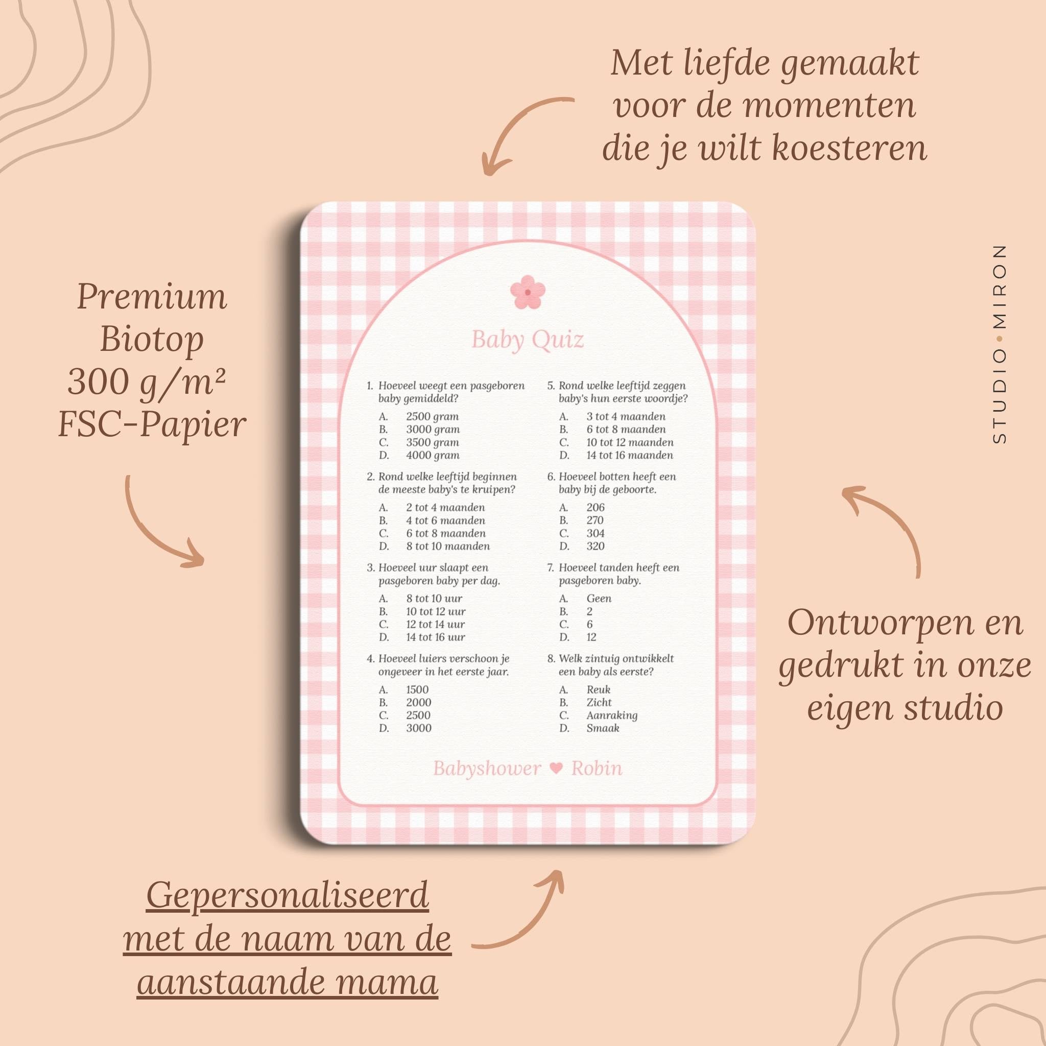 Babyshower spelletjes baby quiz pluspunten gingham roze Studio Miron