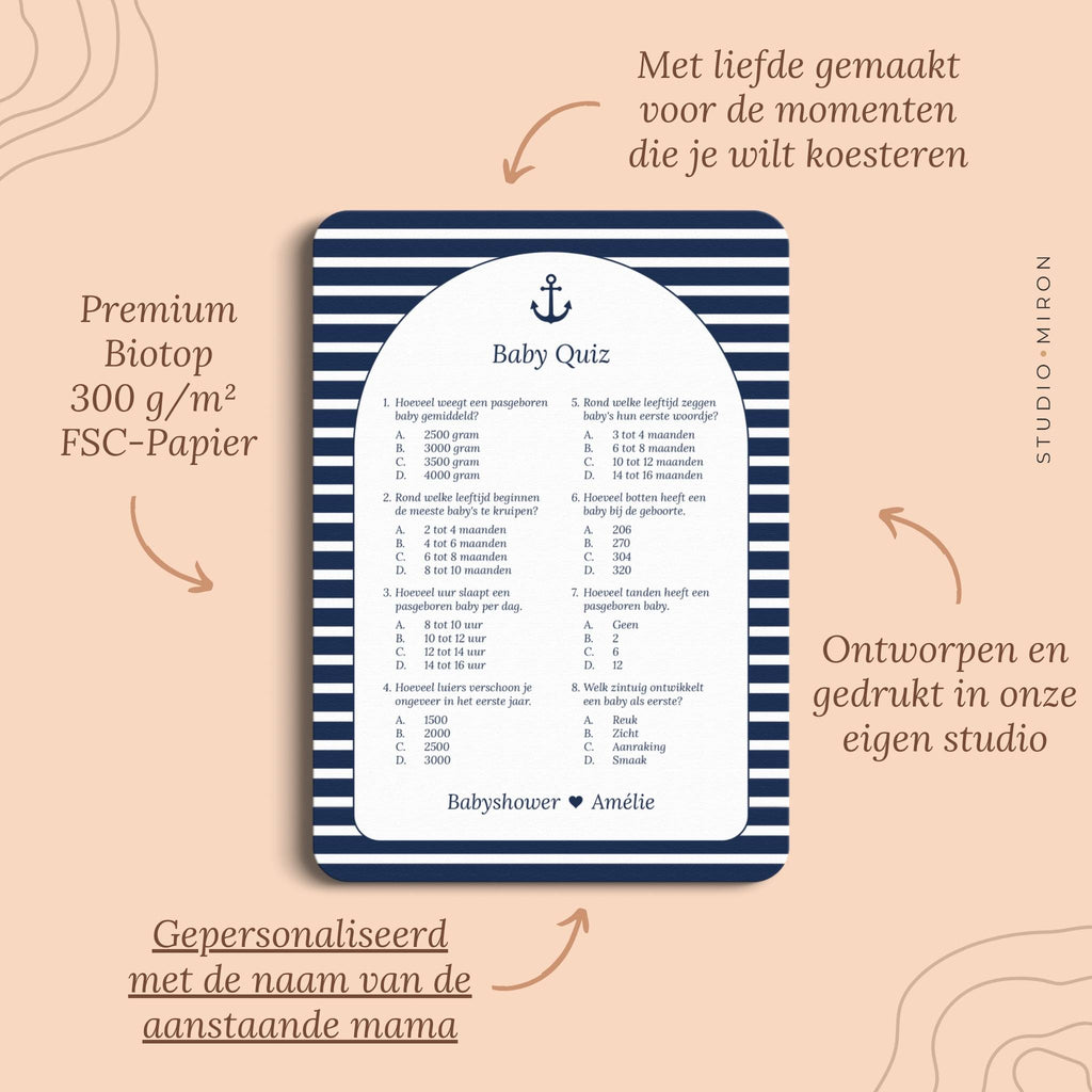 Babyshower spelletjes baby quiz pluspunten navy blue Studio Miron