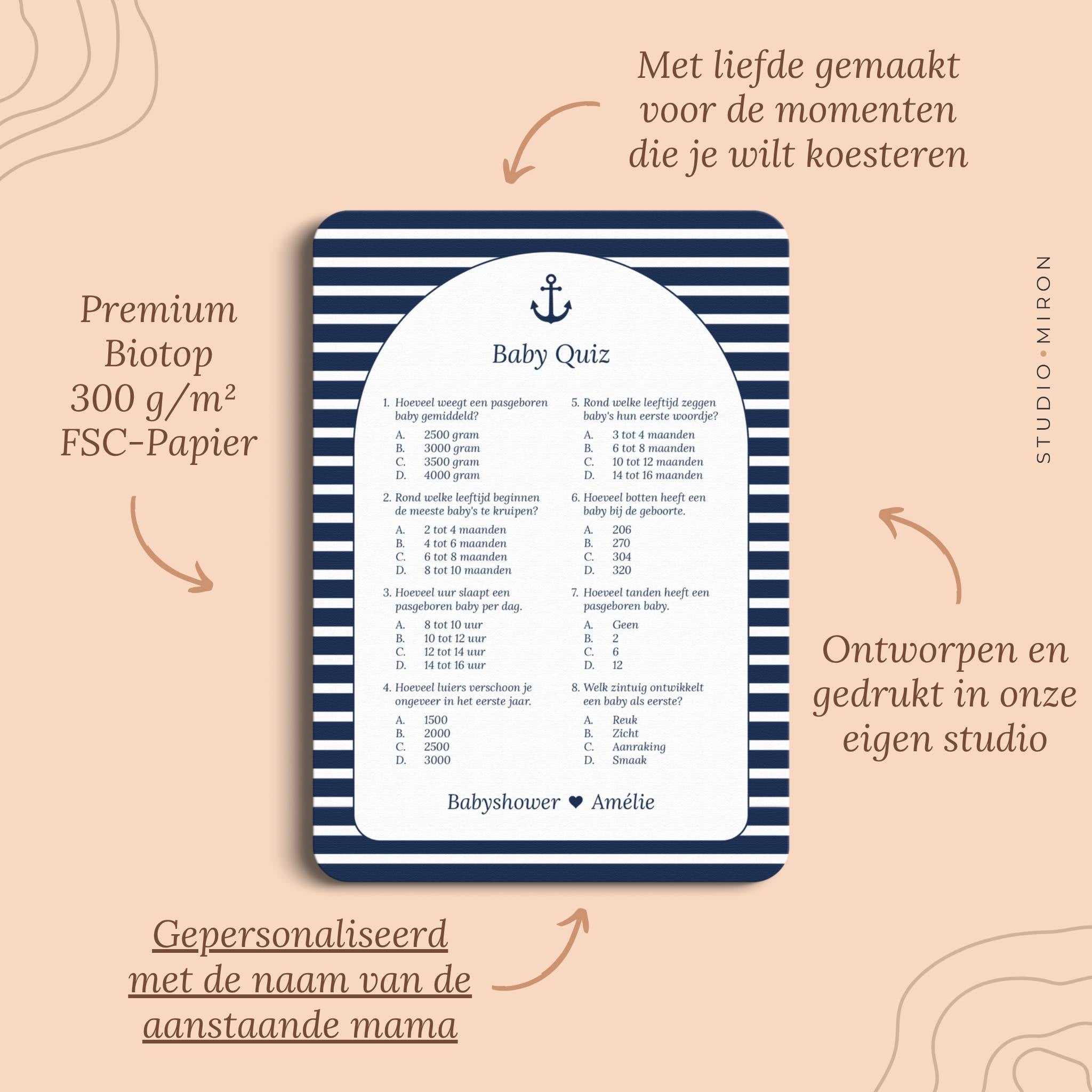 Babyshower spelletjes baby quiz pluspunten navy blue Studio Miron