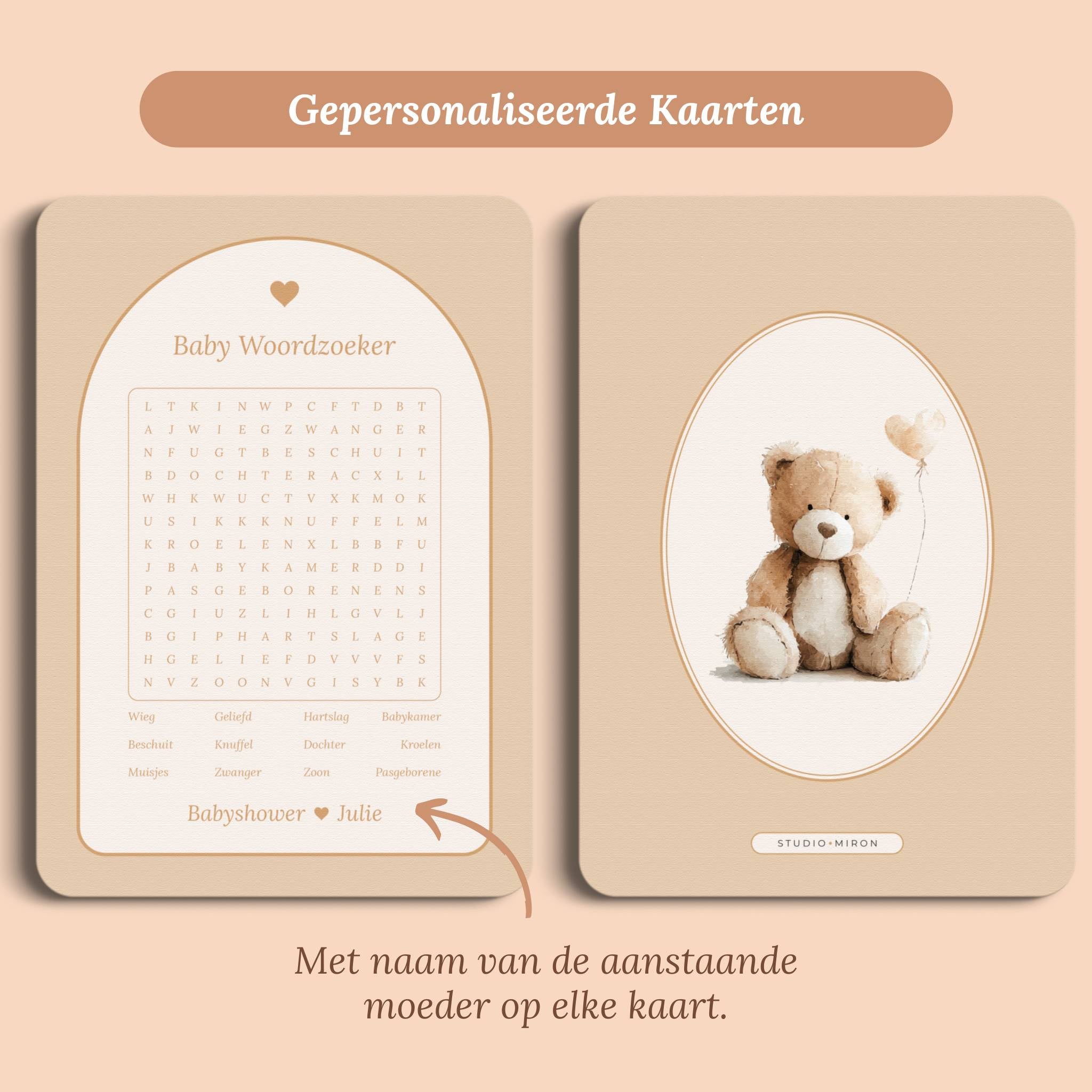 Babyshower spelletjes baby woordzoeker boho zand gepersonaliseerd voor en achter Studio Miron