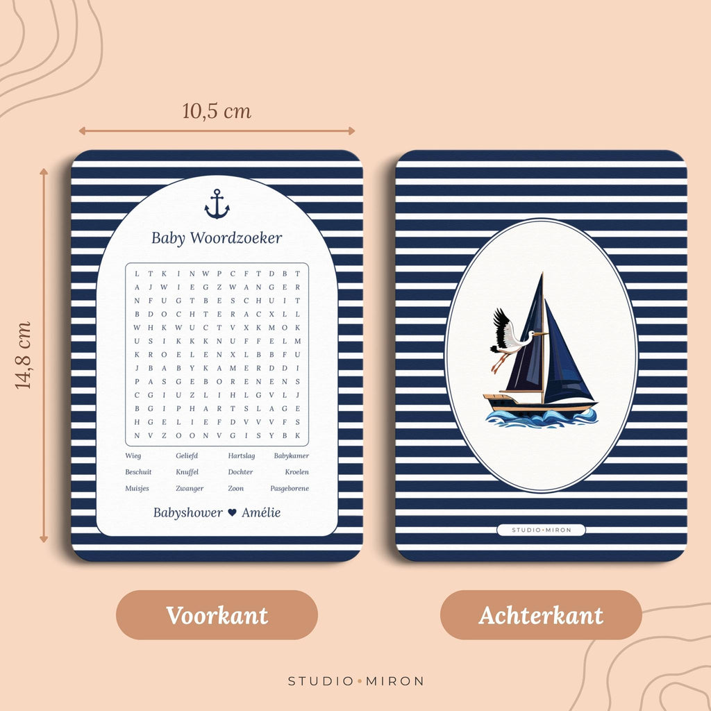 Babyshower spelletjes baby woordzoeker formaat voorkant en achterkant navy blue Studio Miron