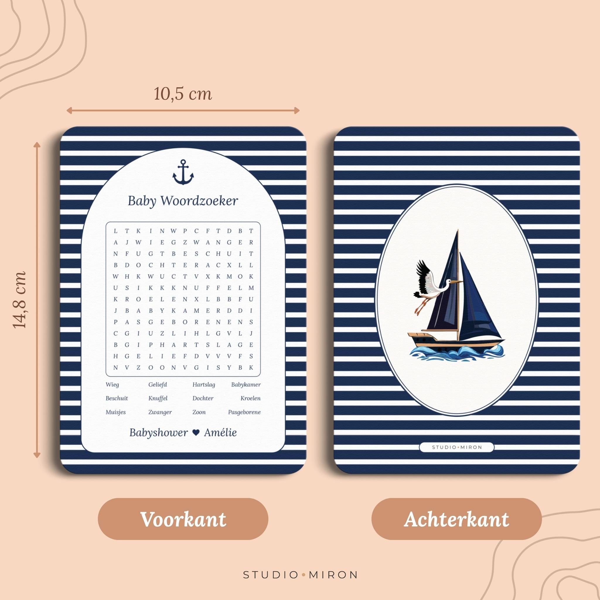 Babyshower spelletjes baby woordzoeker formaat voorkant en achterkant navy blue Studio Miron