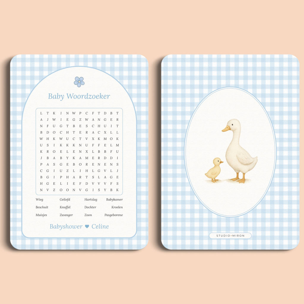 Babyshower spelletjes baby woordzoeker gingham blauw voor en achter Studio Miron