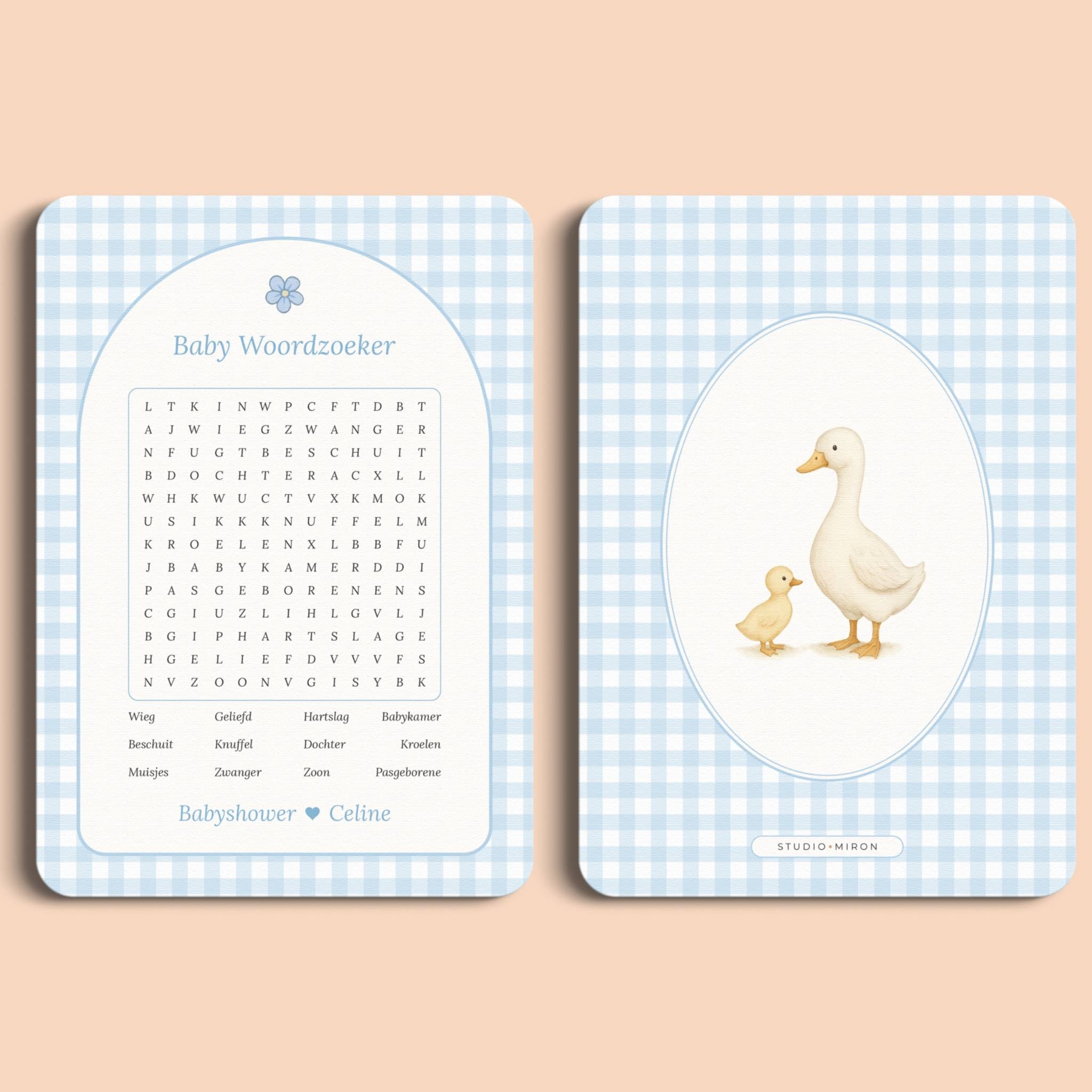 Babyshower spelletjes baby woordzoeker gingham blauw voor en achter Studio Miron