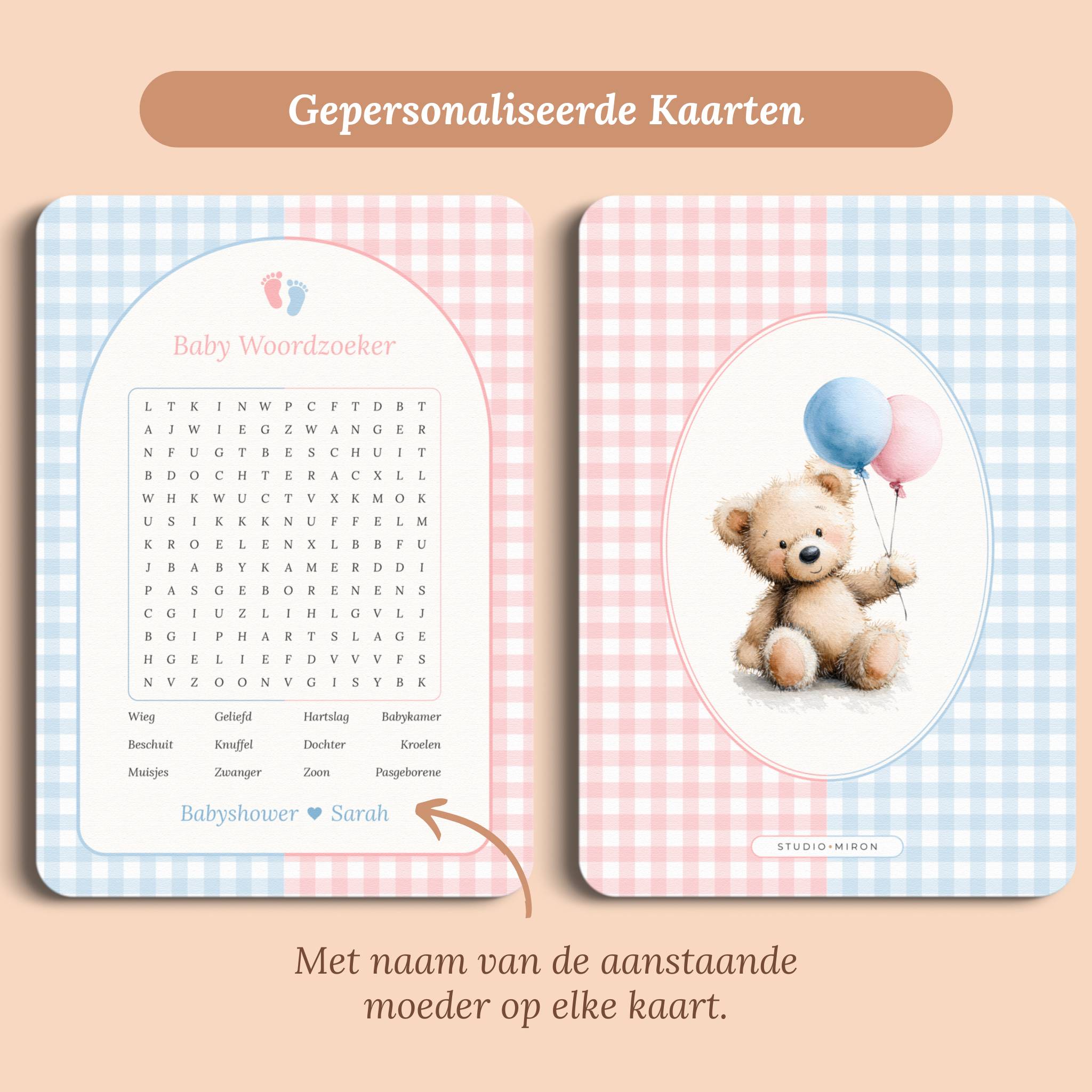 Babyshower spelletjes baby woordzoeker gingham roze blauw gepersonaliseerd voor en achter Studio Miron