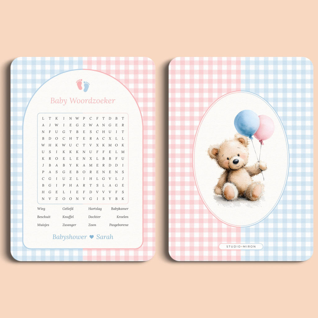 Babyshower spelletjes baby woordzoeker gingham roze blauw voor en achter Studio Miron