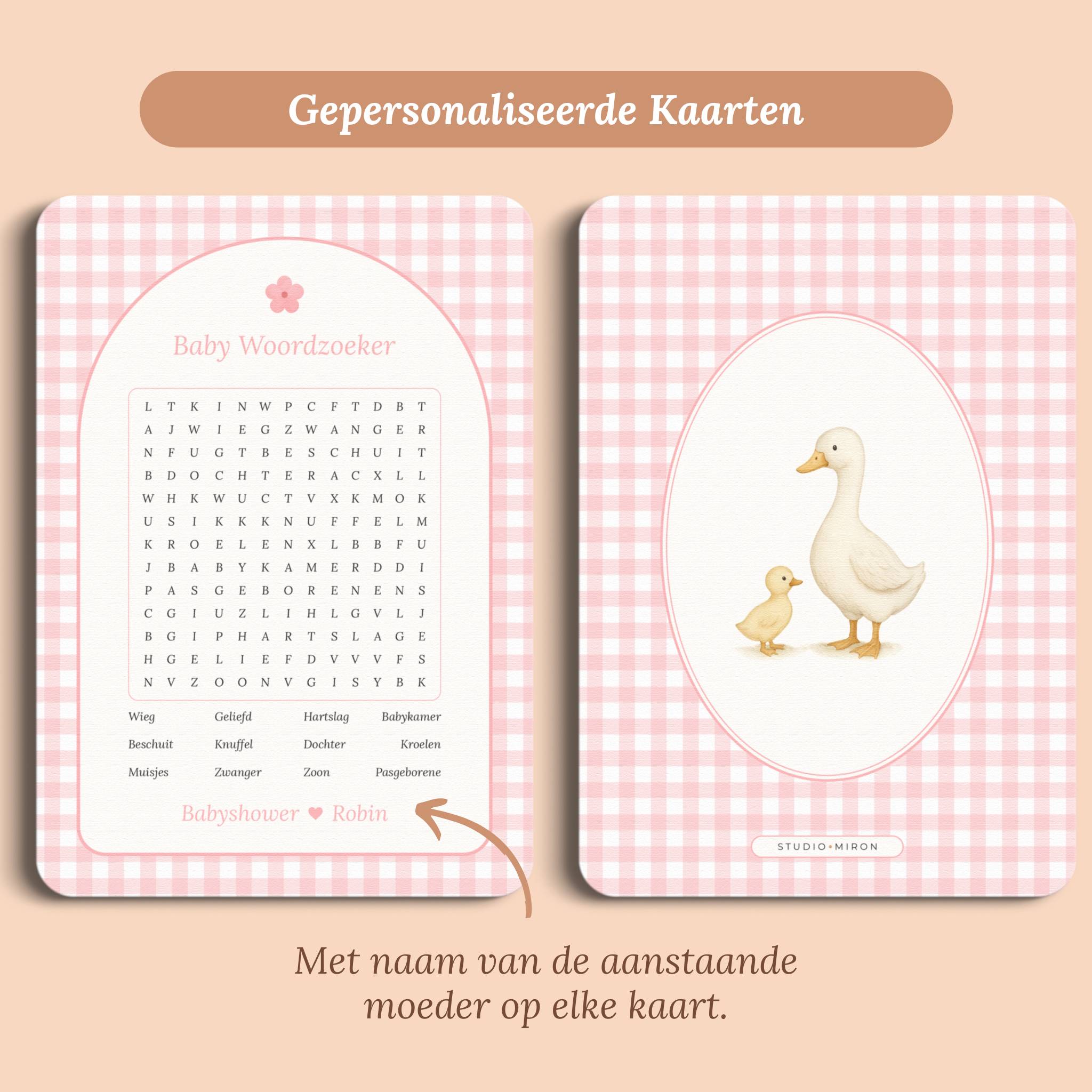 Babyshower spelletjes baby woordzoeker gingham roze gepersonaliseerd voor en achter Studio Miron