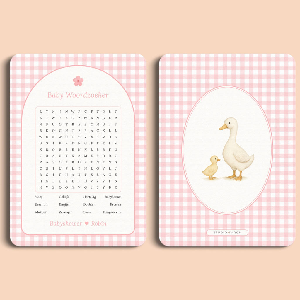 Babyshower spelletjes baby woordzoeker gingham roze voor en achter Studio Miron