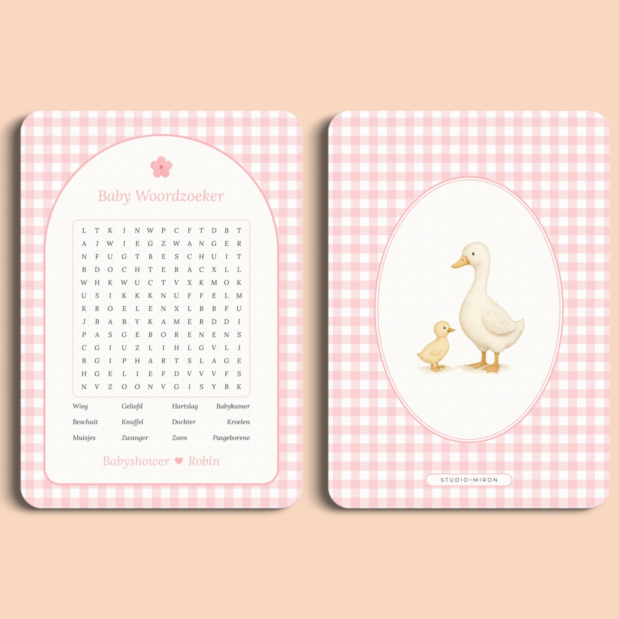 Babyshower spelletjes baby woordzoeker gingham roze voor en achter Studio Miron