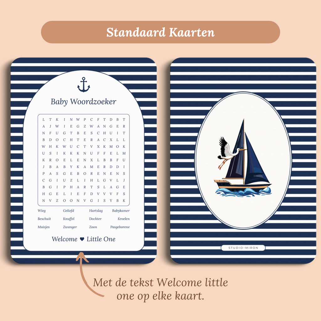 Babyshower spelkaart Baby Woordzoeker in Navy Blue stijl, standaardversie met Welcome Little One – Studio Miron
