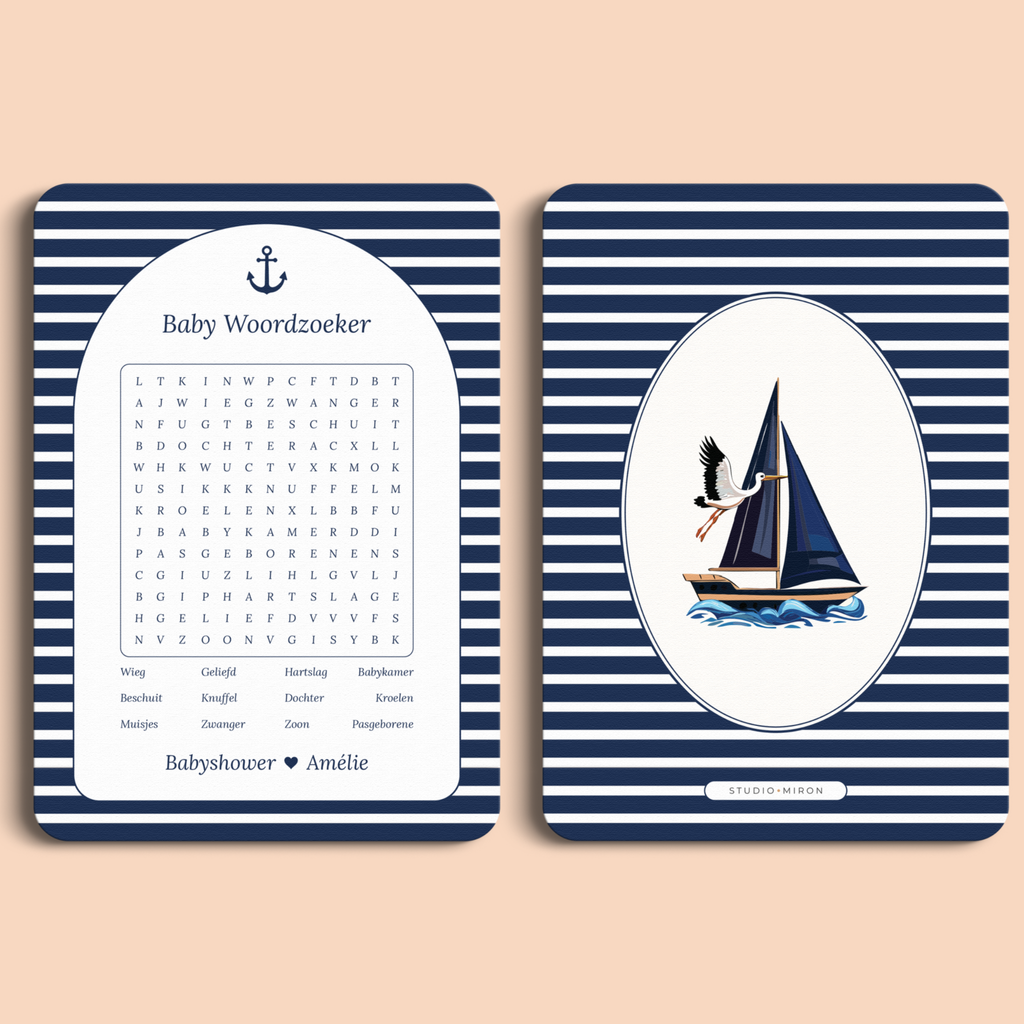 Babyshower spelkaart Baby Woordzoeker in Navy Blue stijl, voor- en achterkant – Studio Miron