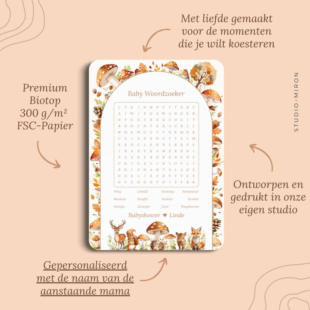 Babyshower spelletjes baby woordzoeker pluspunten bosdieren Studio Miron